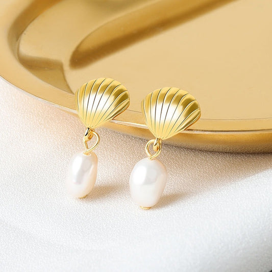 Nuriez - Gold Plated Shell & Pearl Drop Earring For Women