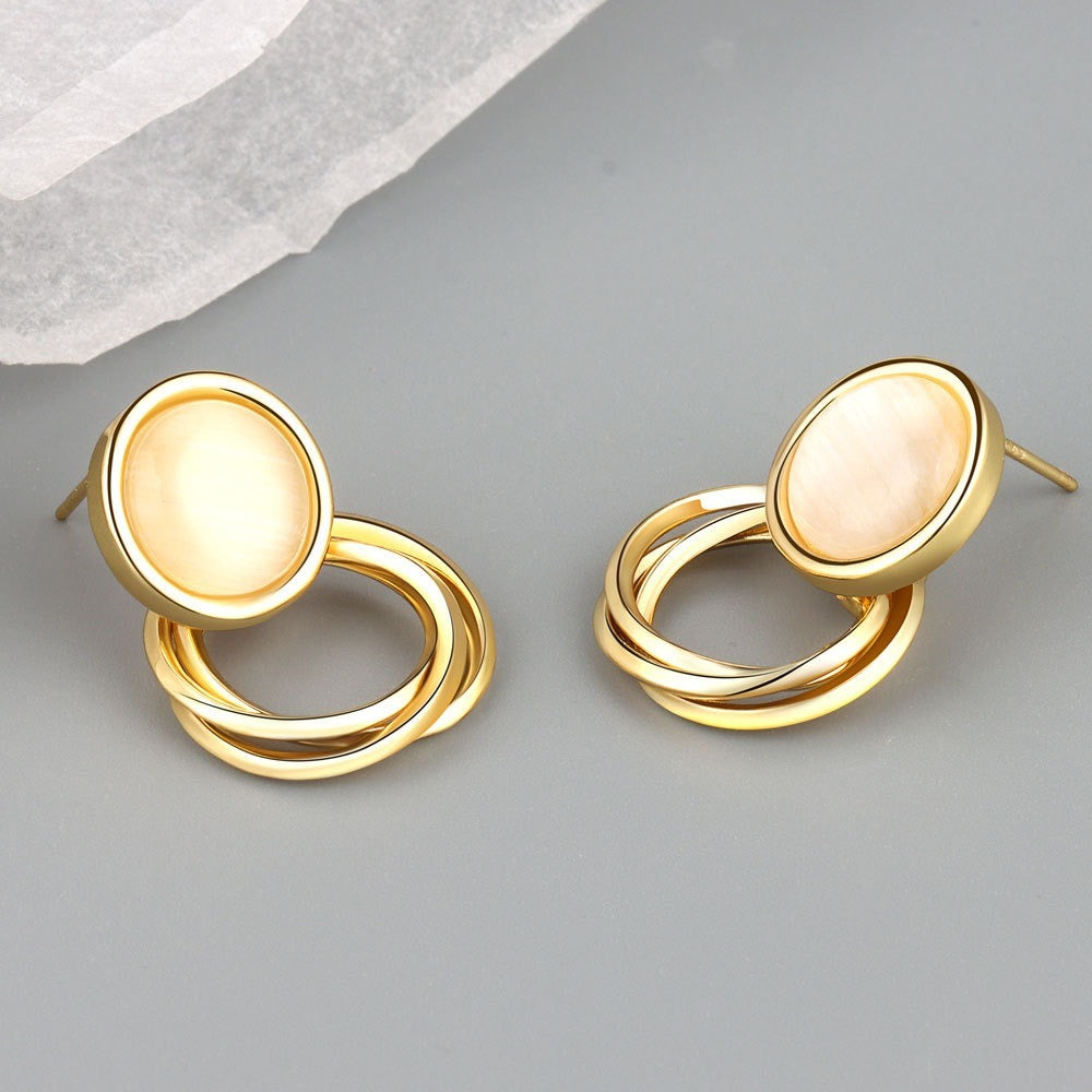 Nuriez - Gold Plated Oval Stud With Mother Of Pearl Inlay Earrings For Women &Girls.